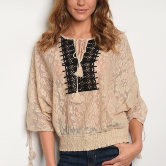 Love Riche Tops - Love Riche Navy Lace Embroidered BOHO Top L